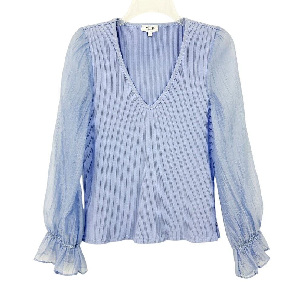 S'EDGE Blue Mixed Media Blouse Size S V-neck Sheer Long Sleeve Jersey Rib Body